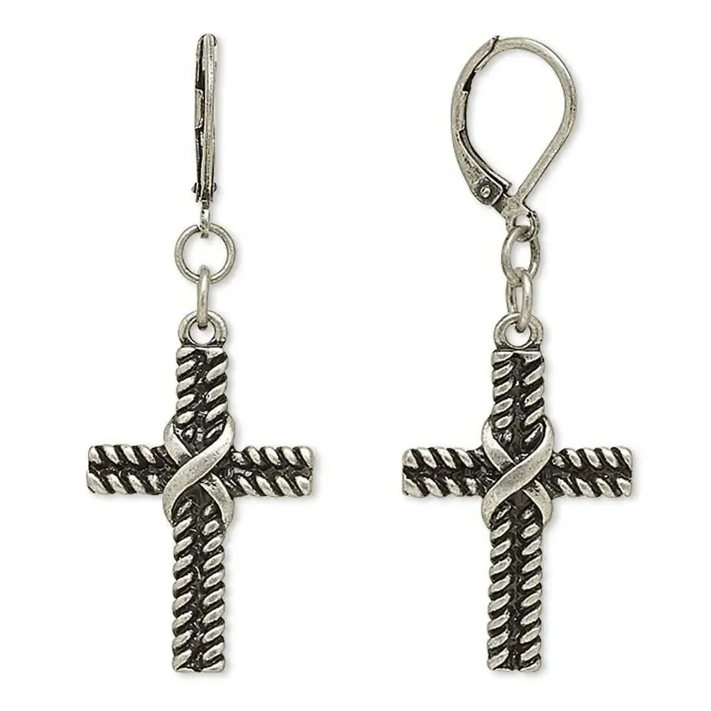 Antique Silver Pewter Artistic Rope Christian Cross Earrings
